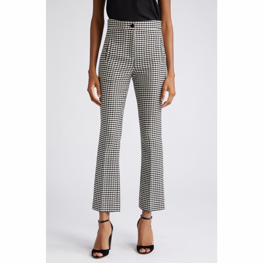 Veronica Beard Arte Houndstooth Crop Flare Pants Size 8 Black White Split Hem
